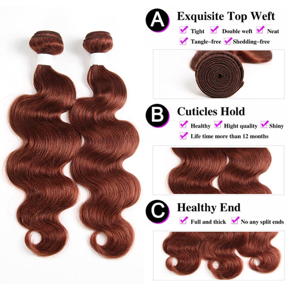 #33 Dark Auburn body wave 3 Bundles With 13x4 Lace Frontal 100% Human Hair - Perismoda Hair