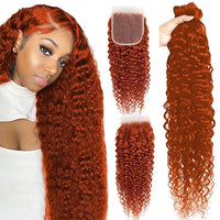 #350 Copper Red Water Wave 4 Bundles With 4X4 Lace Closure 100% Human Hair - Perismoda Hair
