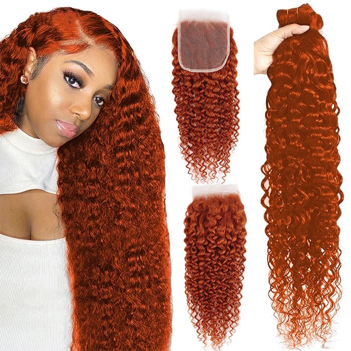 #350 Copper Red Water Wave 4 Bundles With 4X4 Lace Closure 100% Human Hair - Perismoda Hair