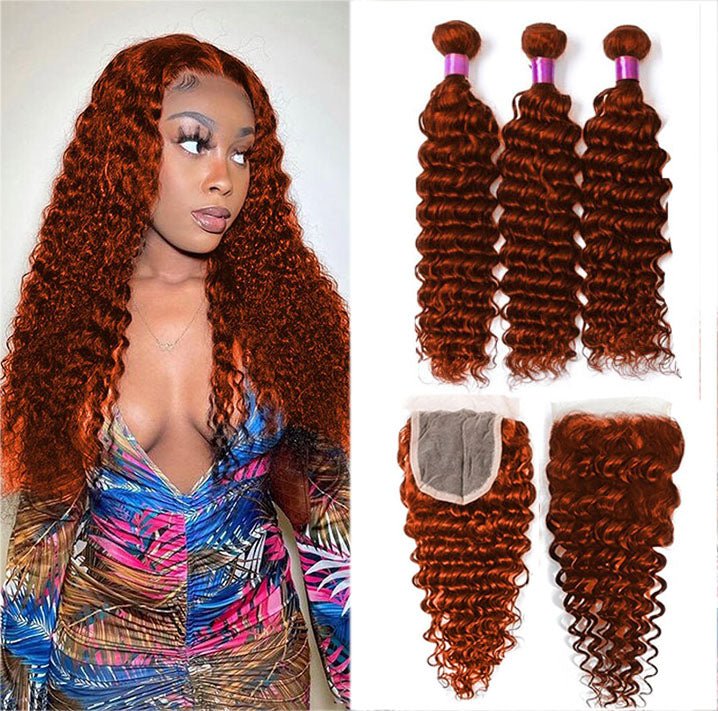 #350 Ginger Deep Wave 3 Bundles With 4x4 Lace Closure 100% Remy Human Hair - Perismoda Hair