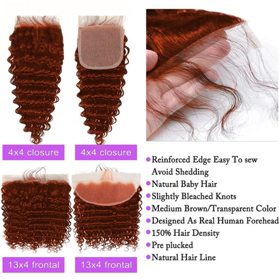 #350 Ginger Deep Wave 3 Bundles With 4x4 Lace Closure 100% Remy Human Hair - Perismoda Hair