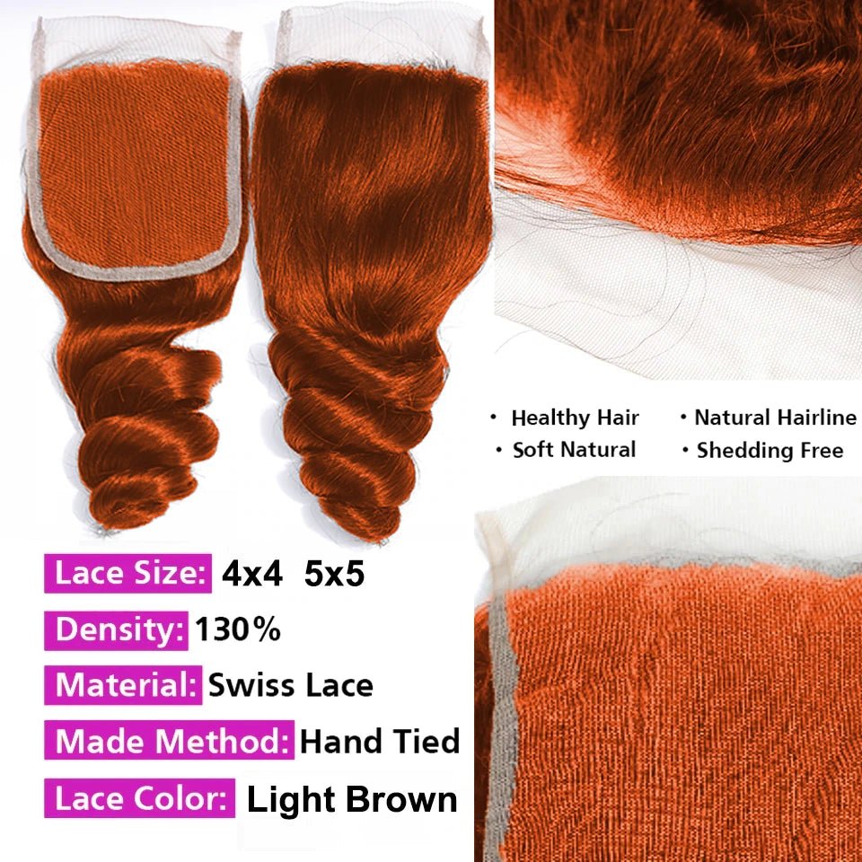 #350 Ginger Orange Loose Wave 3 Bundles With 4x4 Lace Closure 100% Virgin Human Hair - Perismoda Hair
