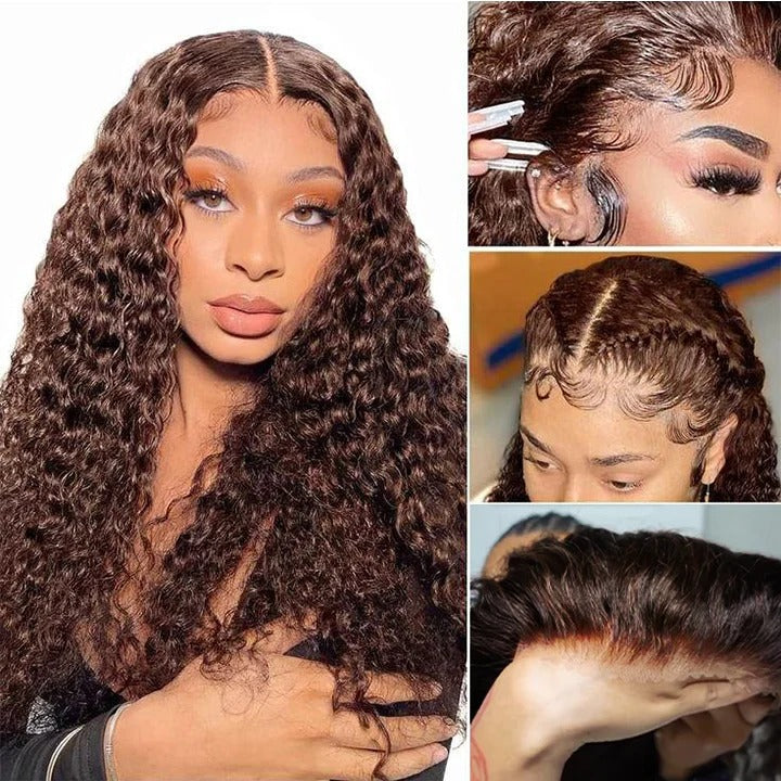Perismoda Hair #4 Dark Brown Invisible Strap 360 Drawstring 100% human hair Lace wig Bleached Knot Pre-Cut Lace Water Wave Wig