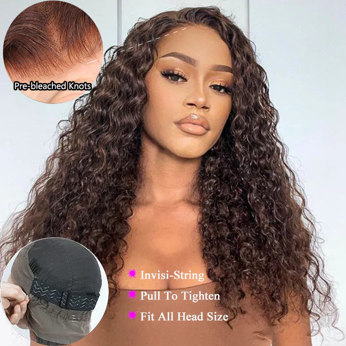 Perismoda Hair #4 Dark Brown Invisible Strap 360 Drawstring 100% human hair Lace wig Bleached Knot Pre-Cut Lace Water Wave Wig