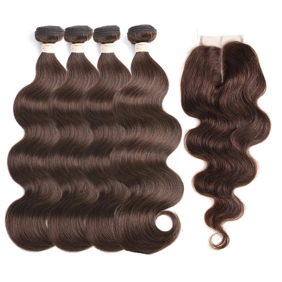 4 Dark Brown Body Wave 4 Bundles With 4x4 Lace Closure 100% Real Human Hair - Perismoda Hair