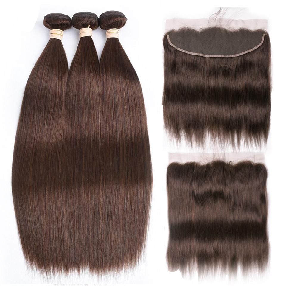 #4 Dark Chocolate Brown Straight 3 Bundles With 13x4 Lace Frontal 100% Real Human Hair - Perismoda Hair