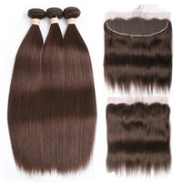 #4 Dark Chocolate Brown Straight 3 Bundles With 13x4 Lace Frontal 100% Real Human Hair - Perismoda Hair