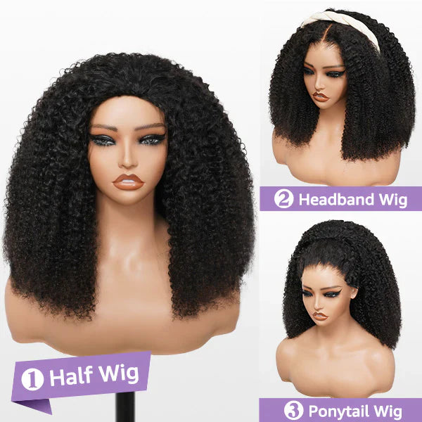 Perismoda 3 In 1 Half Wig Afro Kinky Curl Wear & Go Drawsting Wig No Glue Need Flip Over Half Clip In Wig