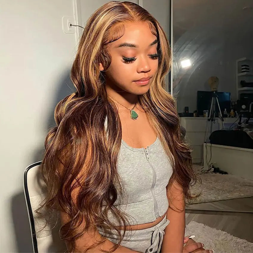 Perismoda Highlight Brown and blonde hair 13x6 Body Wave Lace Frontal