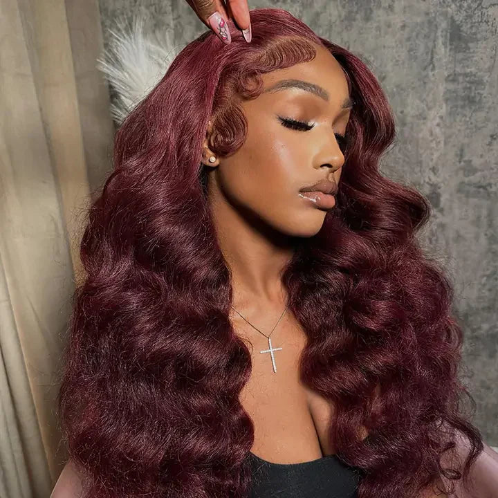 Perismoda Burgundy 99J Loose Wave Wigs 13x4 Lace Front Wig Human Hair Pre Plucked