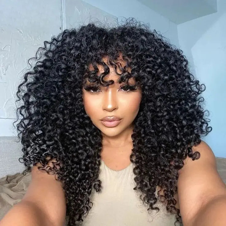Perismoda Kinky Curly Wig With Bangs Brazilian Remy Human Hair Glueless Wig