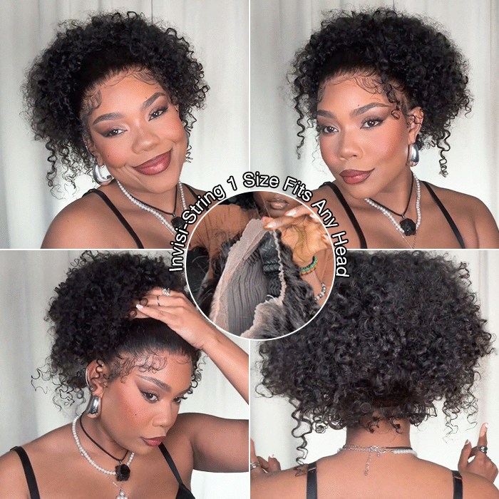 Perismoda 4C Hairline Pre Plucked 360 Invisi-String Snug Fit Kinky Curly Human Hair Natural Density with Curly Edges