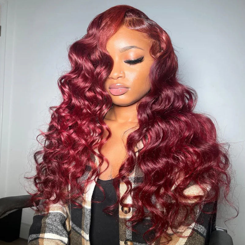 Perismoda Burgundy 99J Loose Wave Wigs 13x4 Lace Front Wig Human Hair Pre Plucked