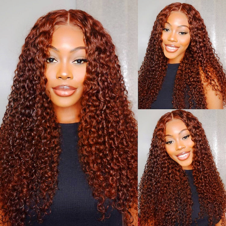 Perismoda #33 Reddish Brown Kinky Curly 7*5 Ready To Go Invisible Knot  Human Hair Wigs
