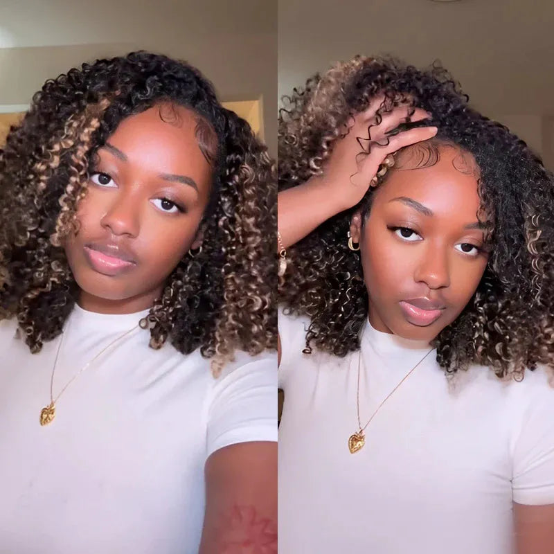 Perismoda Blonde Highlight Kinky Curly Glueless Drawstring Half Wig Human Hair 3 In 1 Half Wig