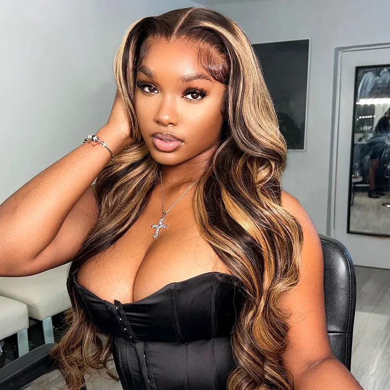 Perismoda Brown Highlight Skin 13x4 Body Wave Lace Front Wig Virgin Hair