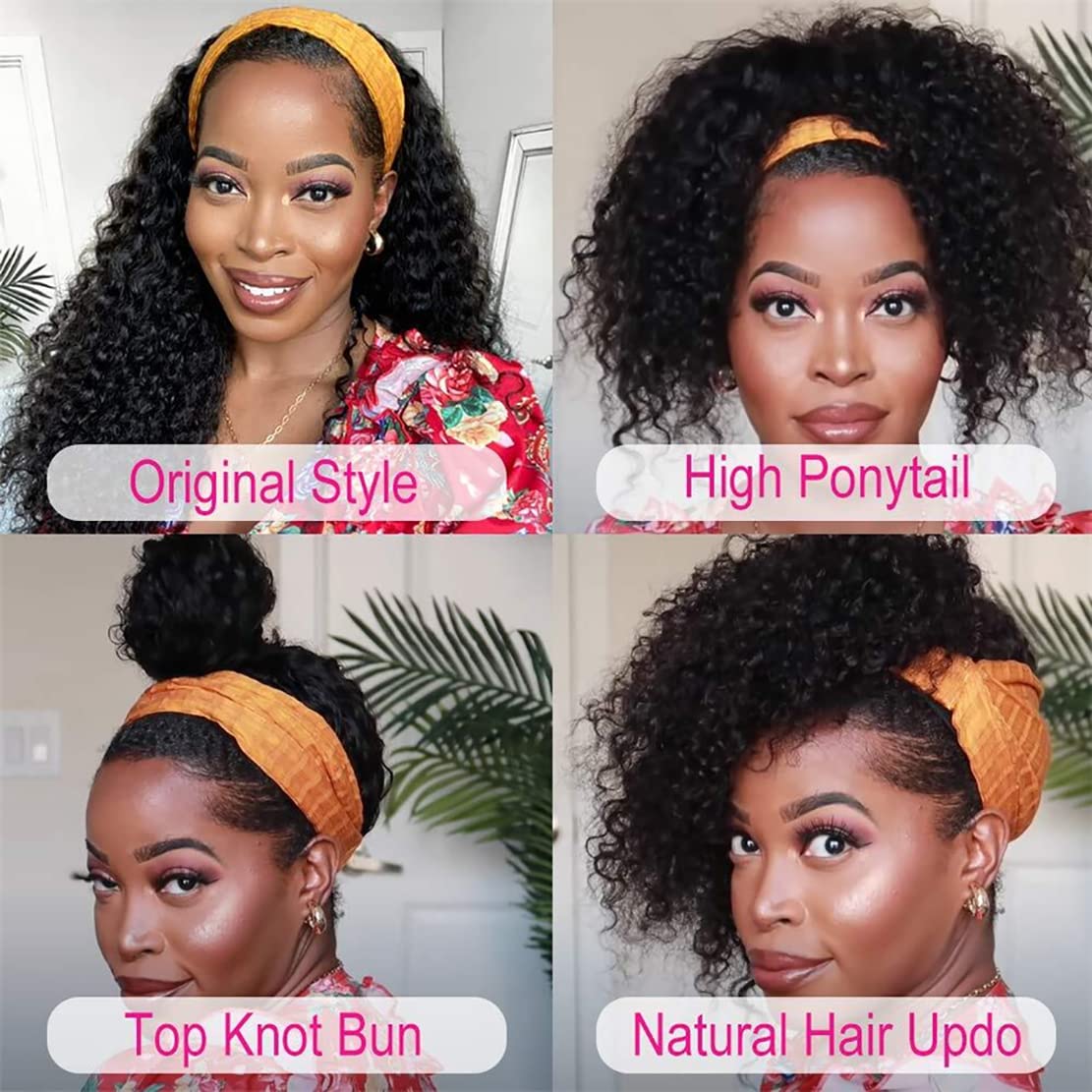 Perismoda Curly Headband Wig Human Hair None Lace Front Wig Machine Made Wigs Glueless Water Wave Headband Wigs