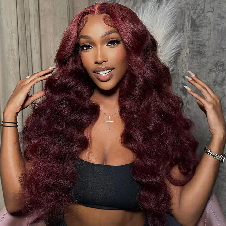 Perismoda Burgundy 99J Loose Wave Wigs 13x4 Lace Front Wig Human Hair Pre Plucked