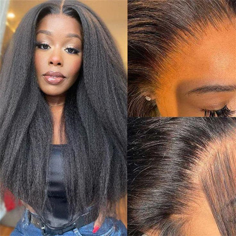 Kinky Straight Transparent Lace Front Wig 6x6 Lace Closure Wigs Human Hair for Black Women 180% Density - Perismoda Hair
