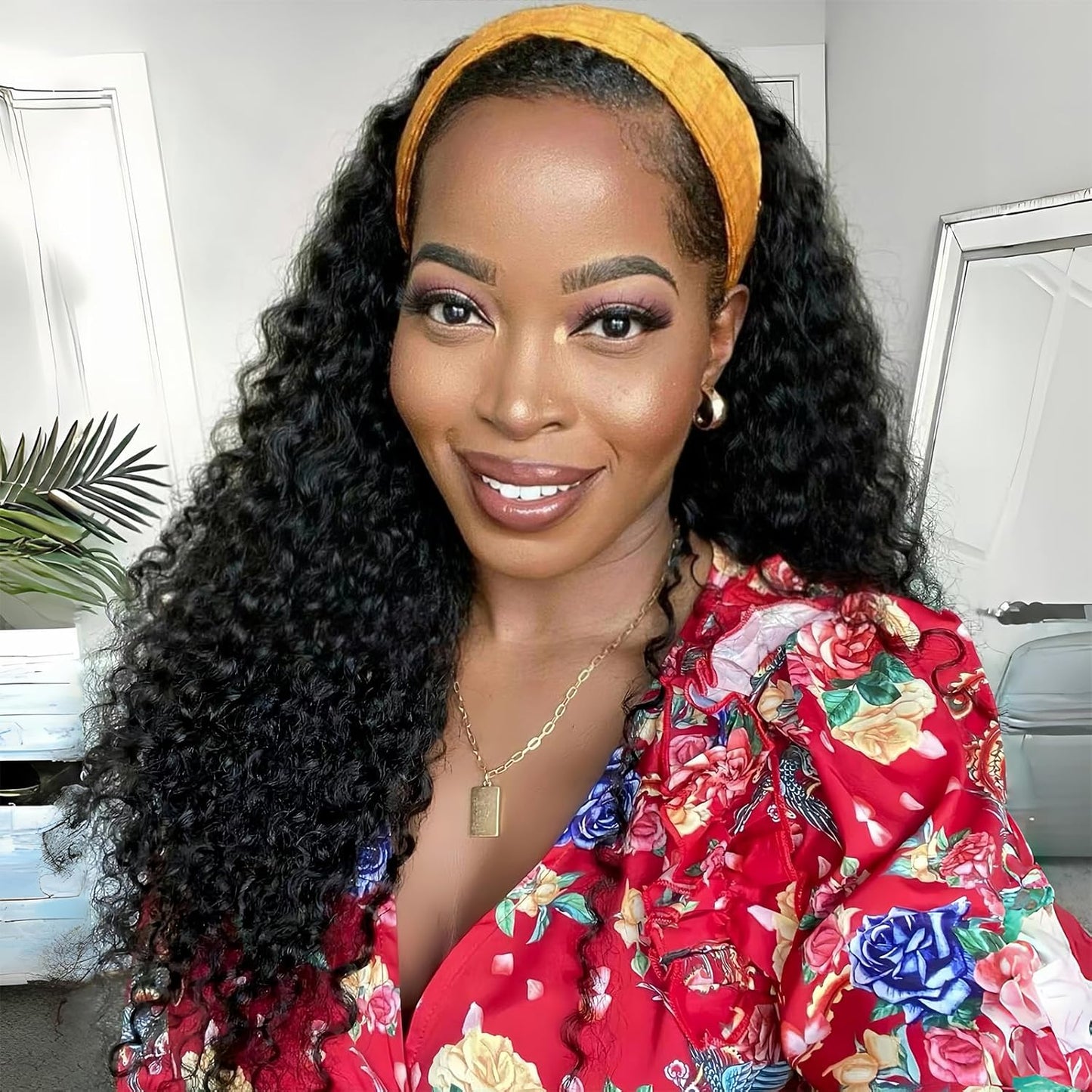 Perismoda Curly Headband Wig Human Hair None Lace Front Wig Machine Made Wigs Glueless Water Wave Headband Wigs