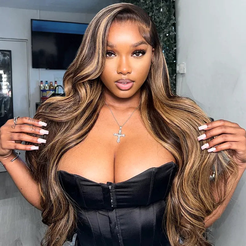 Perismoda Brown Highlight Skin 13x4 Body Wave Lace Front Wig Virgin Hair