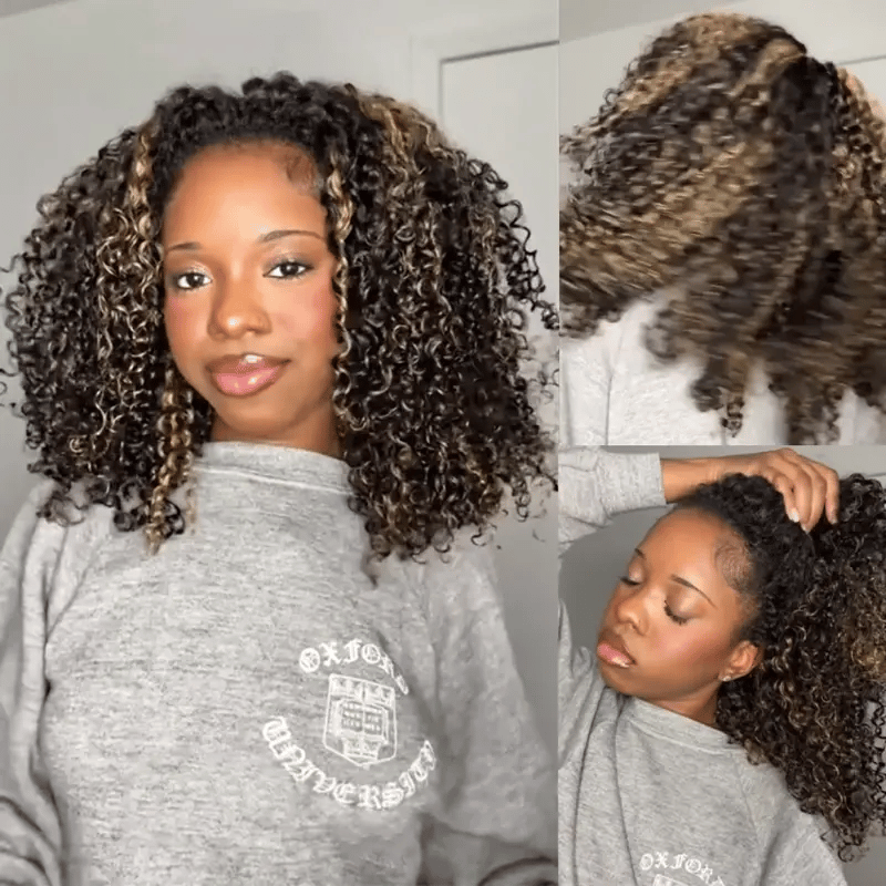 Perismoda Blonde Highlight Kinky Curly Glueless Drawstring Half Wig Human Hair 3 In 1 Half Wig