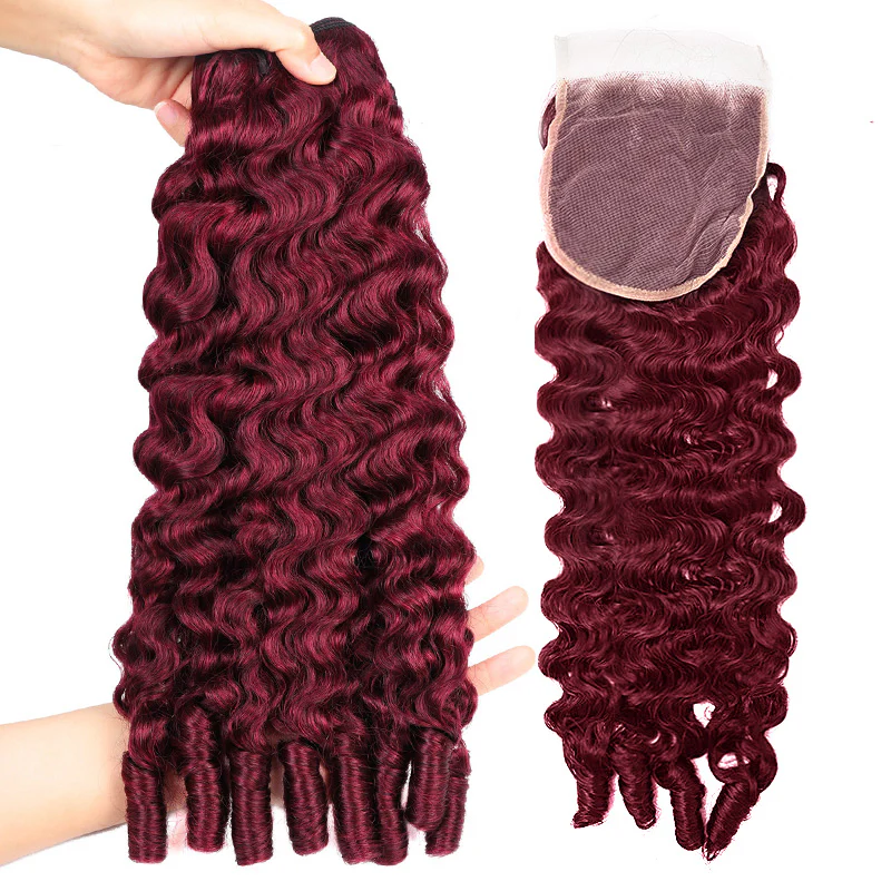 Perismoda #99J Burgundy Burmese Curly 3 Bundles With 4x4 5x5 Lace Closure Human Hair Weave
