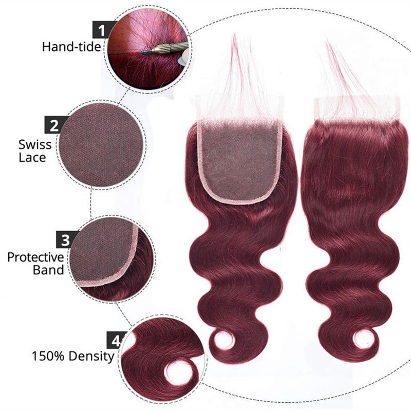 99j Wine Red Color Brazilian Body Wave Hair 3 Bundles With 4x4 Closure Human Hair - Perismoda Hair