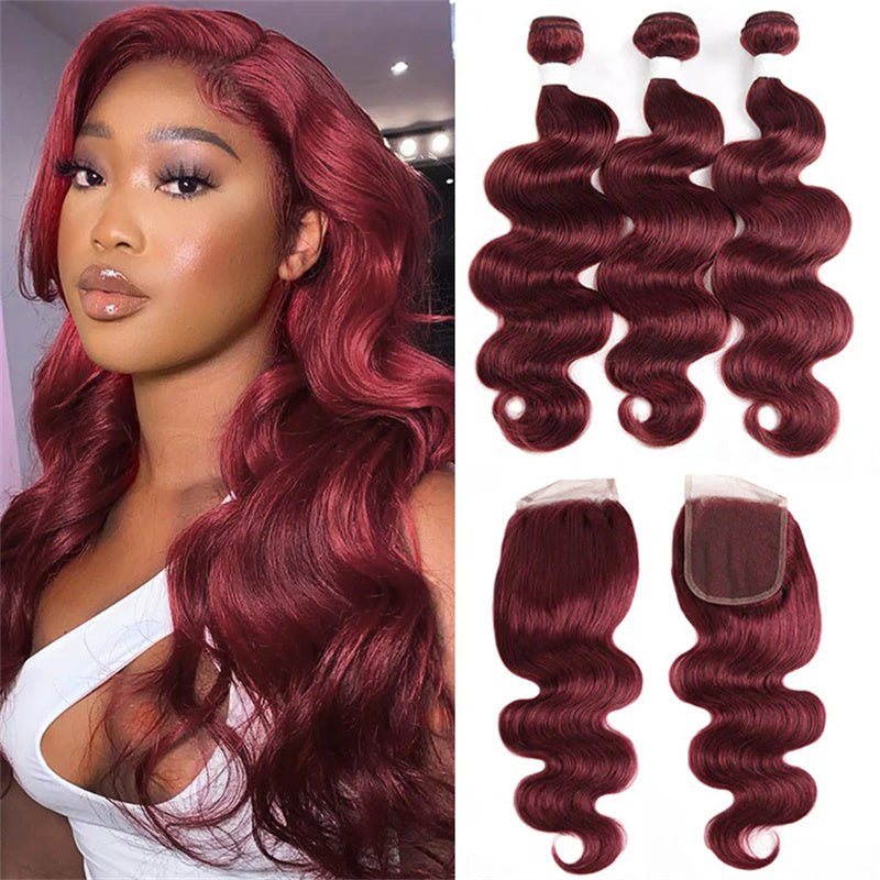99j Wine Red Color Brazilian Body Wave Hair 3 Bundles With 4x4 Closure Human Hair - Perismoda Hair