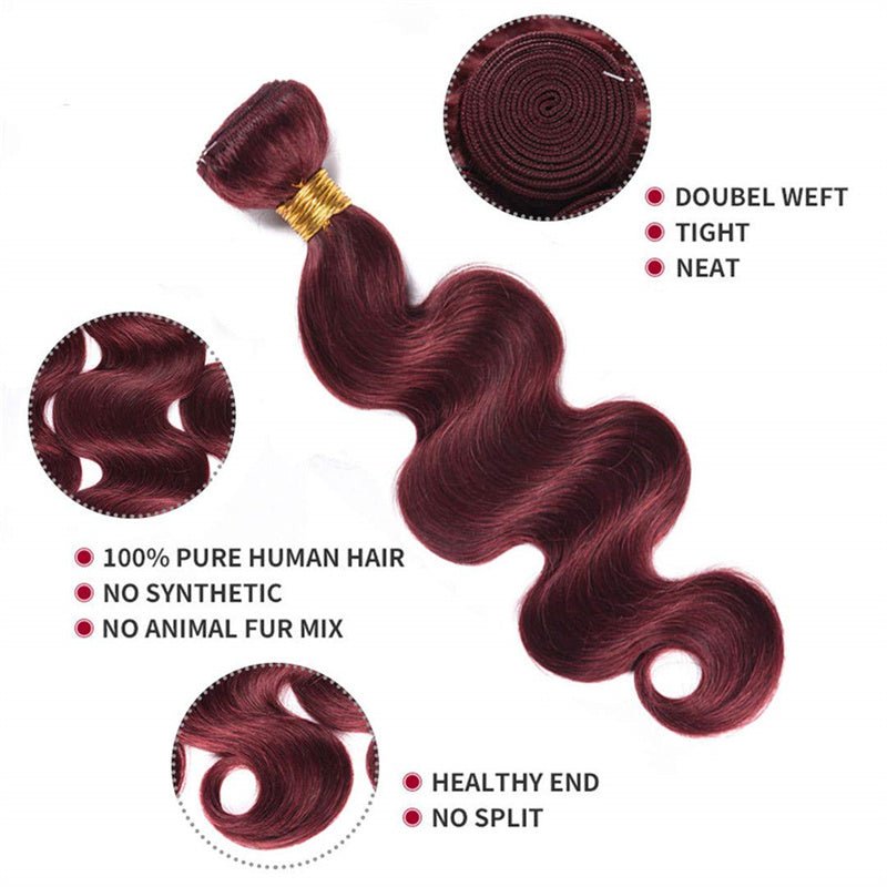 99j Wine Red Color Brazilian Body Wave Hair 3 Bundles With 4x4 Closure Human Hair - Perismoda Hair