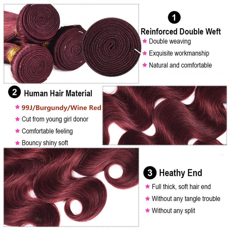 99j Wine Red Color Brazilian Body Wave Hair 3 Bundles With 4x4 Closure Human Hair - Perismoda Hair