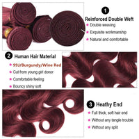 99j Wine Red Color Brazilian Body Wave Hair 3 Bundles With 4x4 Closure Human Hair - Perismoda Hair