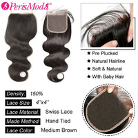 Perismoda Body Wave 3 Bundles With 4x4 Lace Closure Human Hair Extensions