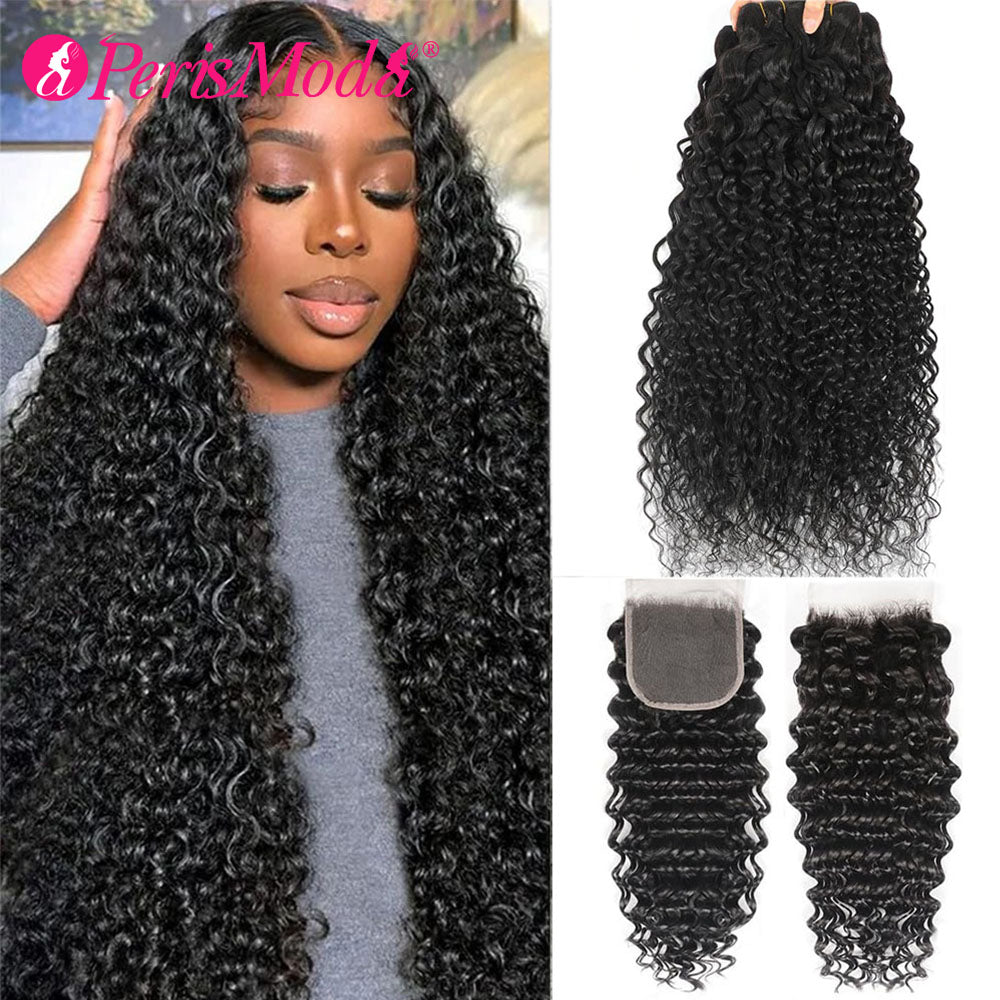 Deep Wave 3 Bundles with 4x4 Lace Closure with Baby Hair Natural Color
