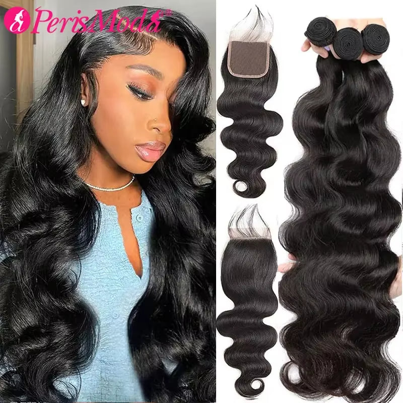 Perismoda Body Wave 3 Bundles With 4x4 Lace Closure Human Hair Extensions