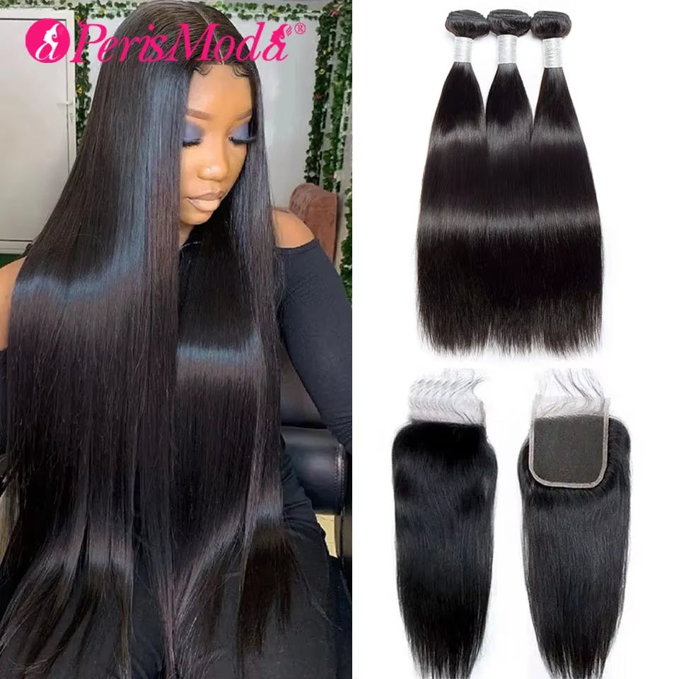 Brazilian Straight Hair 3 Bundles With 4x4 Lace Closure Wig