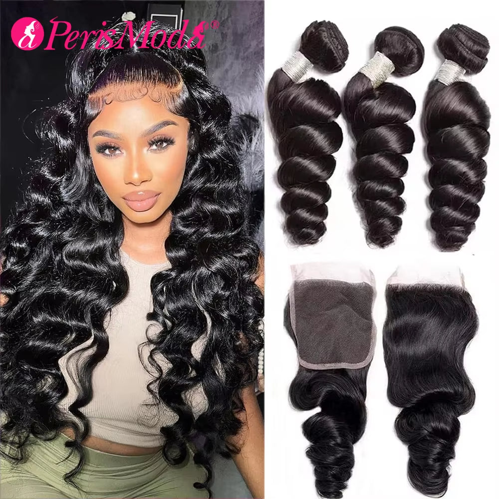 Loose Wave Bundles Brazilian Hair 3 Bundles with 4x4 Lace Closure