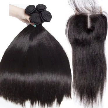Brazilian Straight Hair 3 Bundles With 4x4 Lace Closure Wig