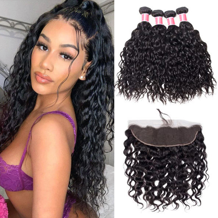 Perismoda Peruvian Water Wave Human Hair 4 Bundles with 13x4 Lace Frontal Wig