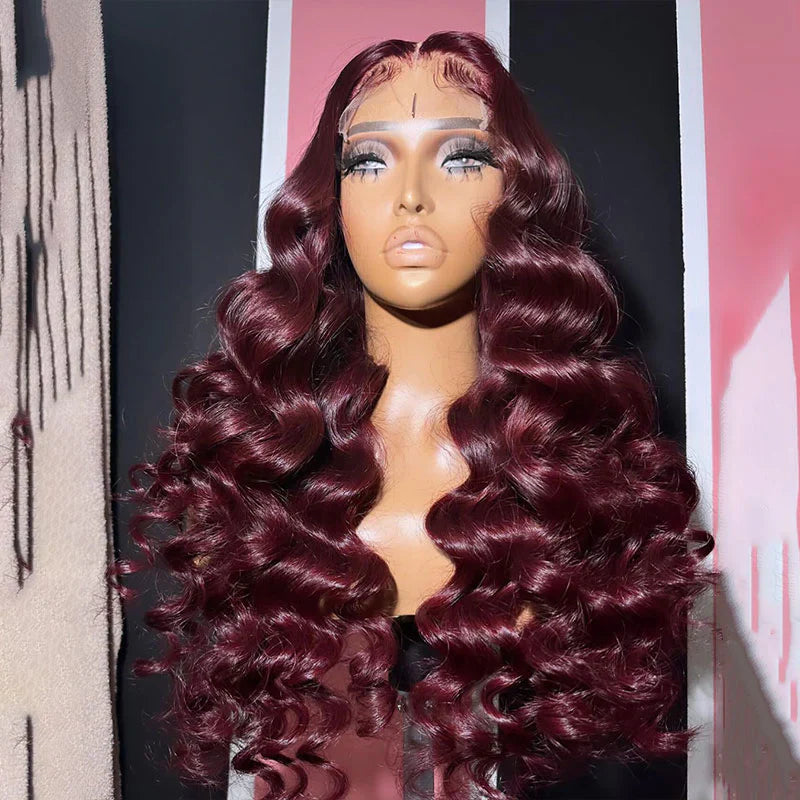 Perismoda Burgundy 99J Loose Wave Wigs 13x4 Lace Front Wig Human Hair Pre Plucked
