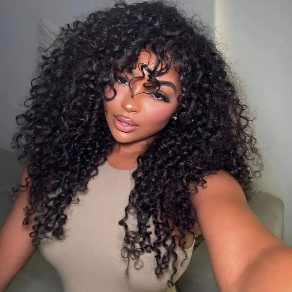 Perismoda Kinky Curly Wig With Bangs Brazilian Remy Human Hair Glueless Wig