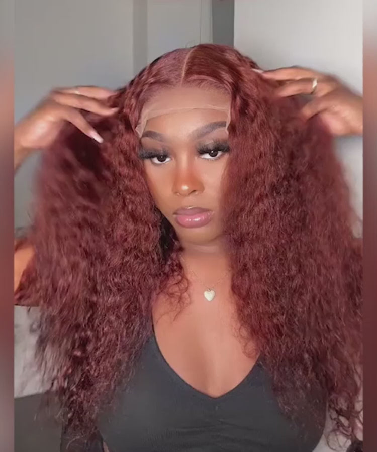 Perismoda #33 Reddish Brown Water Wave 13x4 Lace Front Wig Dark Auburn Colored Human Hair Wig