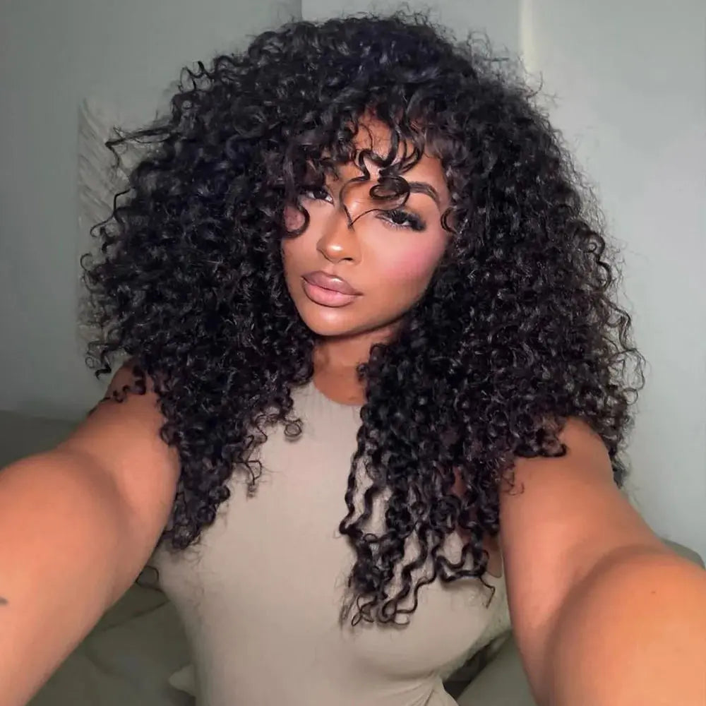 Perismoda Kinky Curly Wig With Bangs Brazilian Remy Human Hair Glueless Wig
