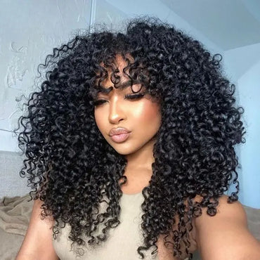 Perismoda Kinky Curly Wig With Bangs Brazilian Remy Human Hair Glueless Wig