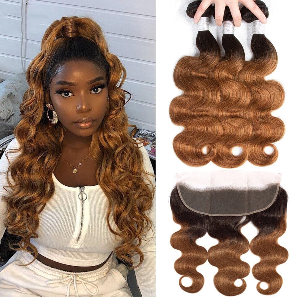Black Roots Medium Auburn Body Wave 3 Bundles With 13x4 Lace Frontal 100% Human Hair - Perismoda Hair