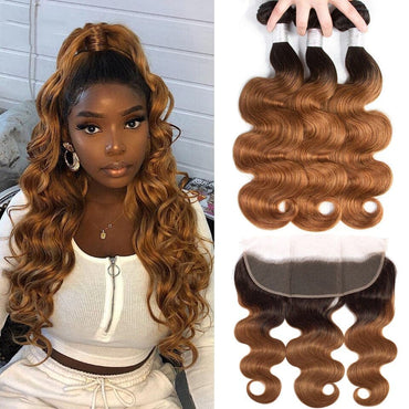 Black Roots Medium Auburn Body Wave 3 Bundles With 13x4 Lace Frontal 100% Human Hair - Perismoda Hair