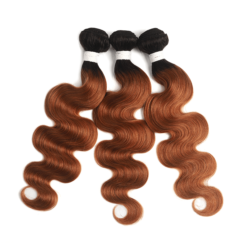 Black Roots Medium Auburn Body Wave 3 Bundles With 13x4 Lace Frontal 100% Human Hair - Perismoda Hair