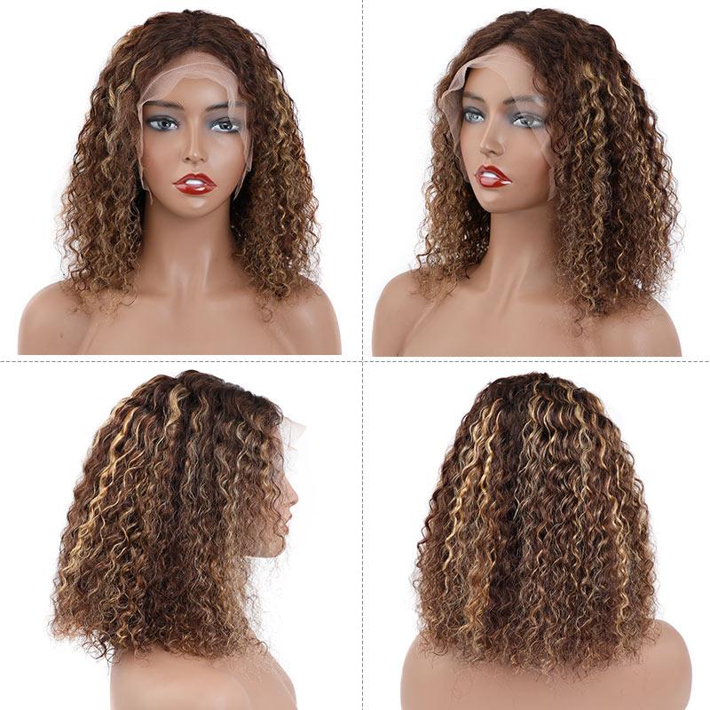 Brazilian Hair Brown With Strawberry Blonde Highlights Curly Bob Lace Front Wigs With Pre Plucked Baby Hair - Perismoda Hair