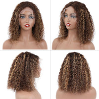 Brazilian Hair Brown With Strawberry Blonde Highlights Curly Bob Lace Front Wigs With Pre Plucked Baby Hair - Perismoda Hair