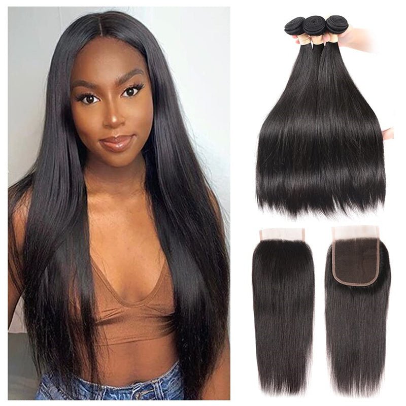 Brazilian Straight Hair 3 Bundles With 4x4 Lace Closure Wig - Perismoda Hair